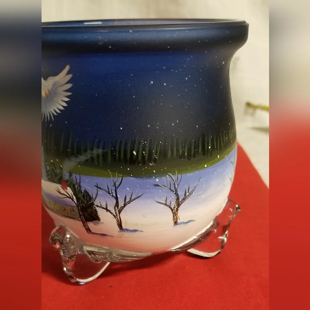 Vintage Votive Winter Scene Hand Painted Glass Candle Holder